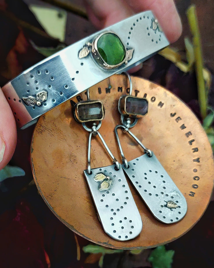 Leaf Design Bracelet & Earrings Set - Solid Sterling Silver & 14K Gold