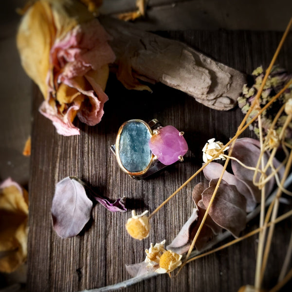 Pink Sapphire & Teal Kyanite Dual Stone Ring | Oxidized Sterling Silver & 14k Gold | Statement Ring