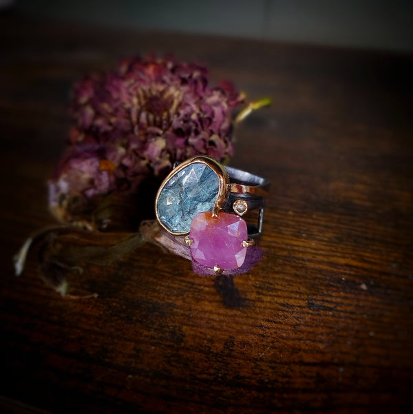 Pink Sapphire & Teal Kyanite Statement Ring