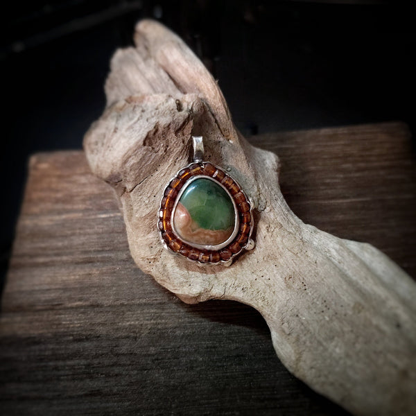 Ocean Jasper & Garnet Halo Pendant | Sterling Silver | Handmade Pendant