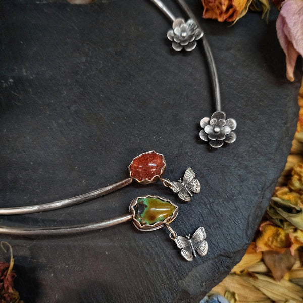 Strawberry Quartz Flower & Butterfly | Sterling Silver | Open Collar Necklace