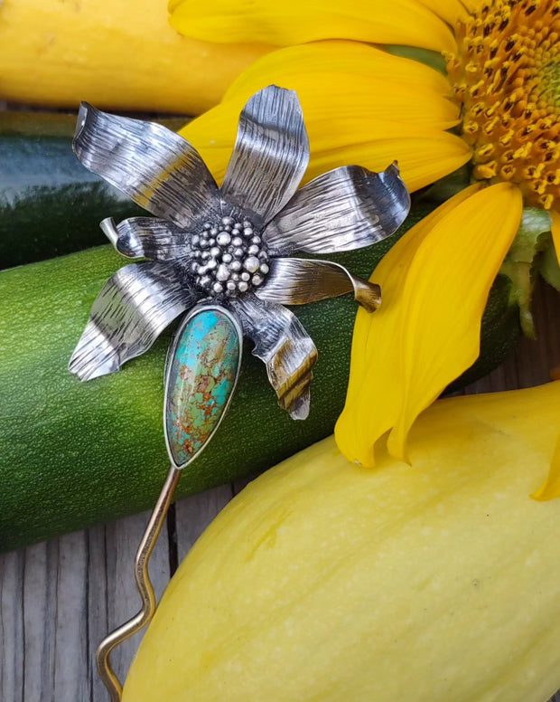 SUN FLOWER HAIR PIN • SUMMER WEDDING • Turquoise • Sterling Silver & Brass - Art In Motion Jewelry & Metal Studio LLC