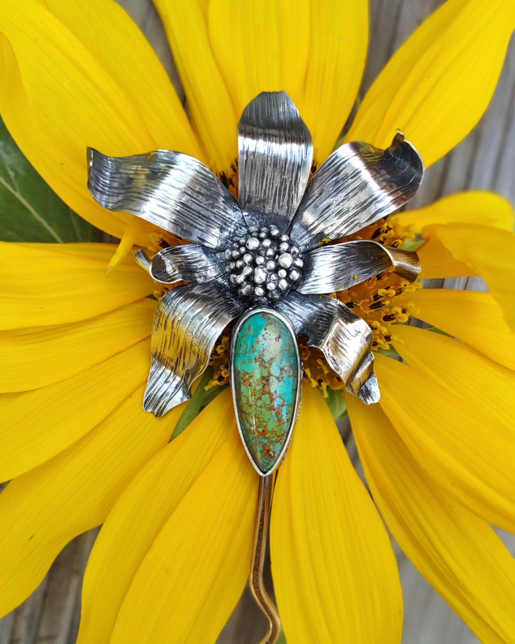 SUN FLOWER HAIR PIN • SUMMER WEDDING • Turquoise • Sterling Silver & Brass - Art In Motion Jewelry & Metal Studio LLC