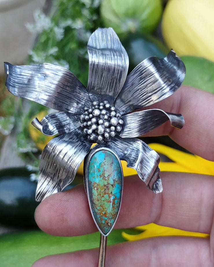 SUN FLOWER HAIR PIN • SUMMER WEDDING • Turquoise • Sterling Silver & Brass - Art In Motion Jewelry & Metal Studio LLC