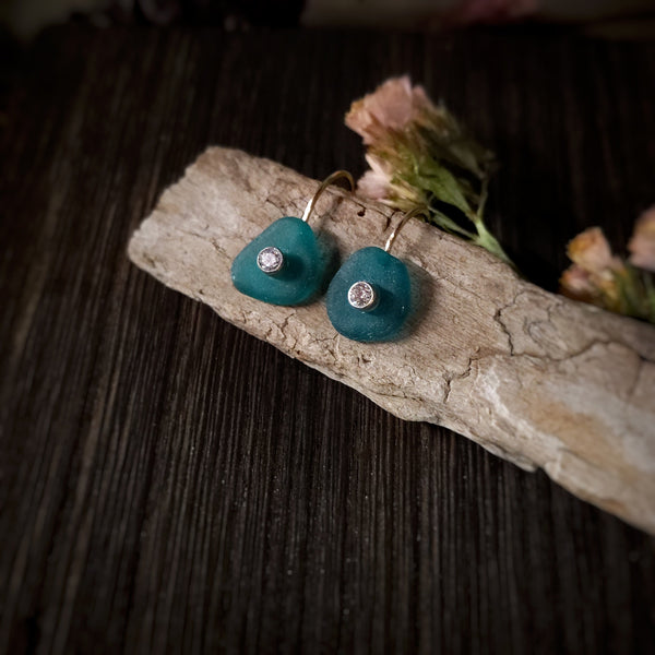 Teal Sea Glass & Moissanite Dangle Earrings