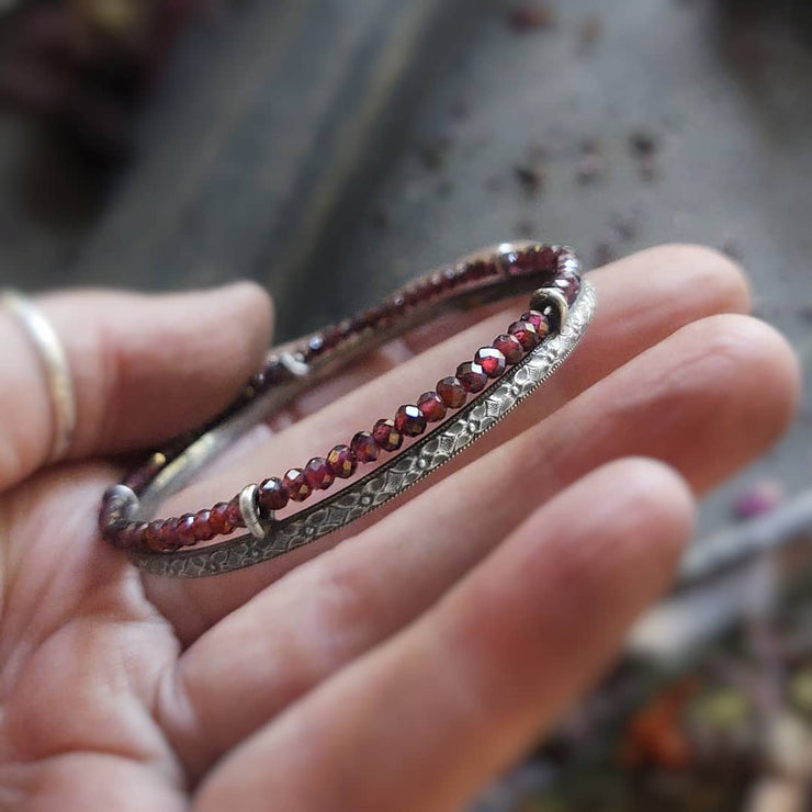 SHOWCASED GEMSTONE BANGLE - Sterling Silver Garnet Bangle Bracelet - Art In Motion Jewelry & Metal Studio LLC