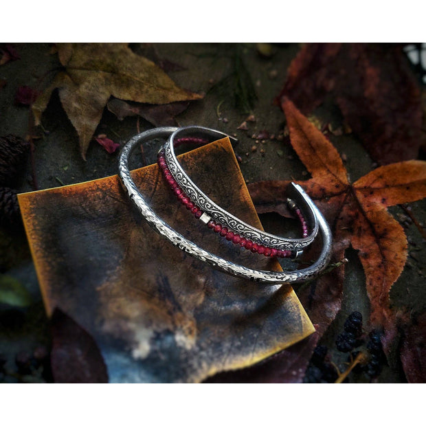 SHOWCASED GEMSTONE BANGLE - Sterling Silver Garnet Bangle Bracelet - Art In Motion Jewelry & Metal Studio LLC