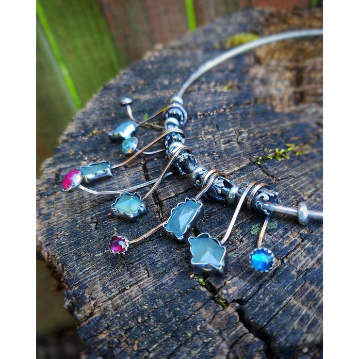 GEMSTONE FLORAL ART NECKLACE - Solid Silver Collar - Art In Motion Jewelry & Metal Studio LLC