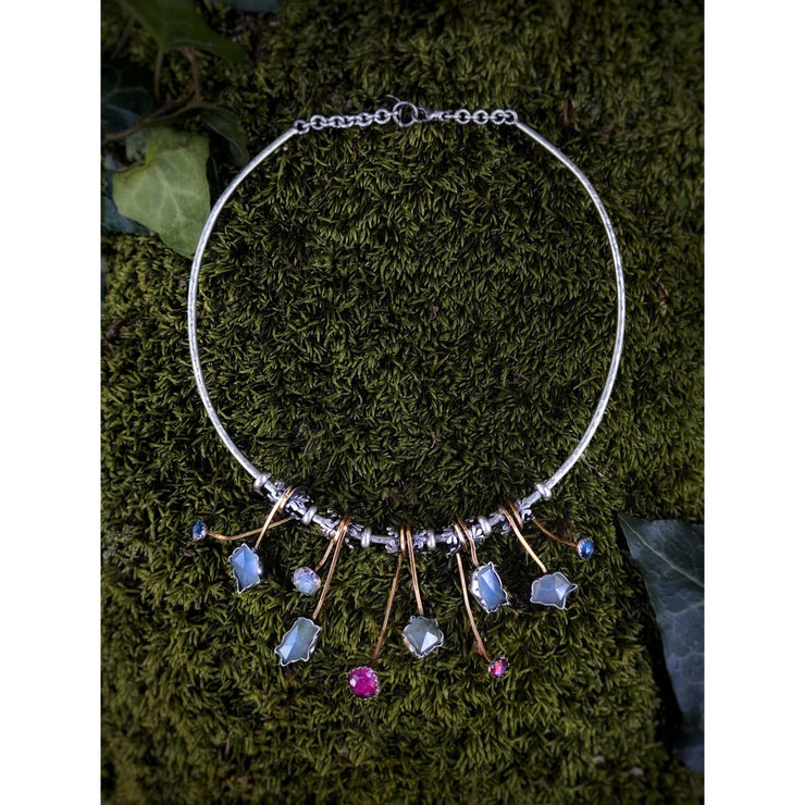 GEMSTONE FLORAL ART NECKLACE - Solid Silver Collar - Art In Motion Jewelry & Metal Studio LLC