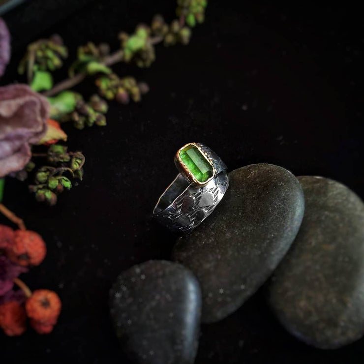 STATEMENT RING - Textured Band - Green Tourmaline - Art In Motion Jewelry & Metal Studio LLC