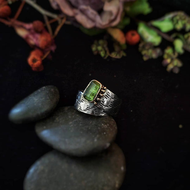 STATEMENT RING - Textured Band - Green Tourmaline - Art In Motion Jewelry & Metal Studio LLC