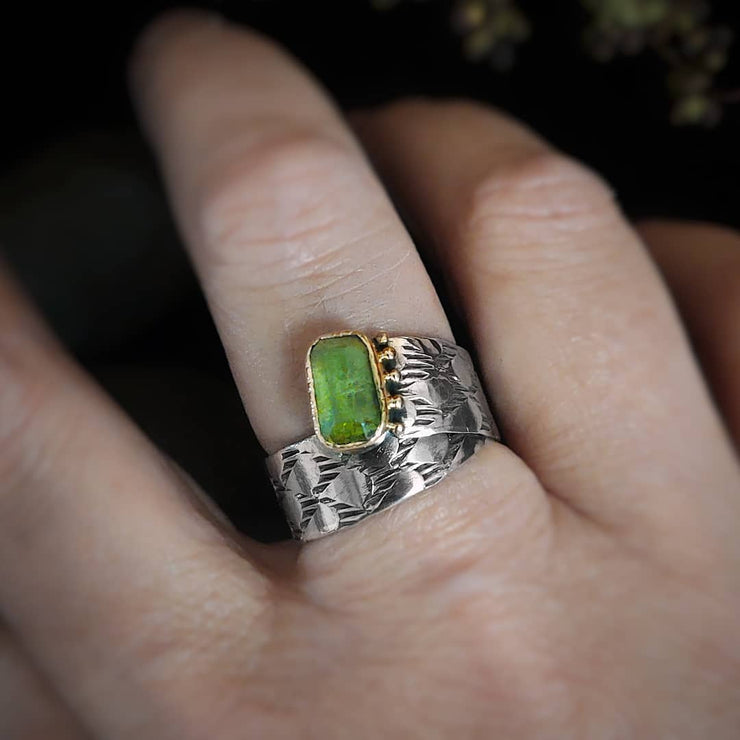 STATEMENT RING - Textured Band - Green Tourmaline - Art In Motion Jewelry & Metal Studio LLC