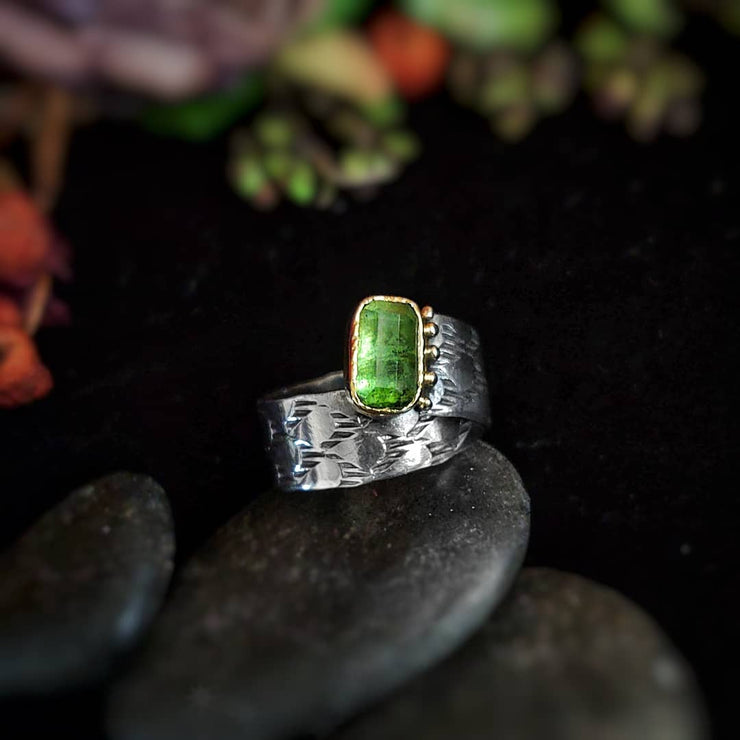 STATEMENT RING - Textured Band - Green Tourmaline - Art In Motion Jewelry & Metal Studio LLC