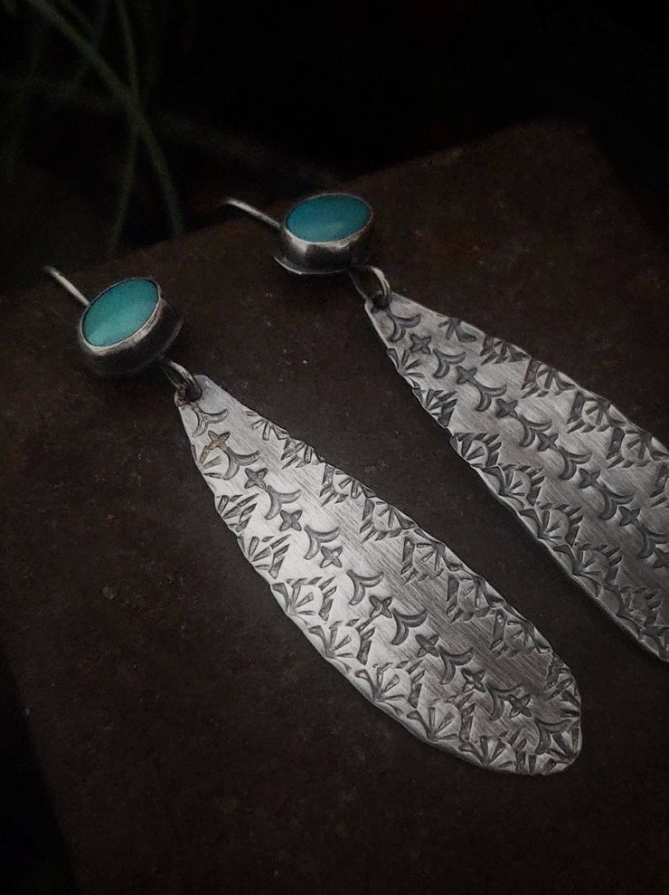 TURQUOISE DANGLE EARRINGS - Stamped Sterling Silver - Art In Motion Jewelry & Metal Studio LLC