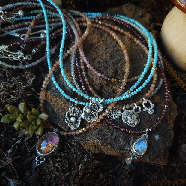 Gemstone Charm Necklace ~ Turquoise, Tourmaline, Garnet, Moonstone - Art In Motion Jewelry & Metal Studio LLC