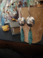 STAMPED BUTTON - Turquoise Artisan Earrings - Silver and Bronze - Art In Motion Jewelry & Metal Studio LLC