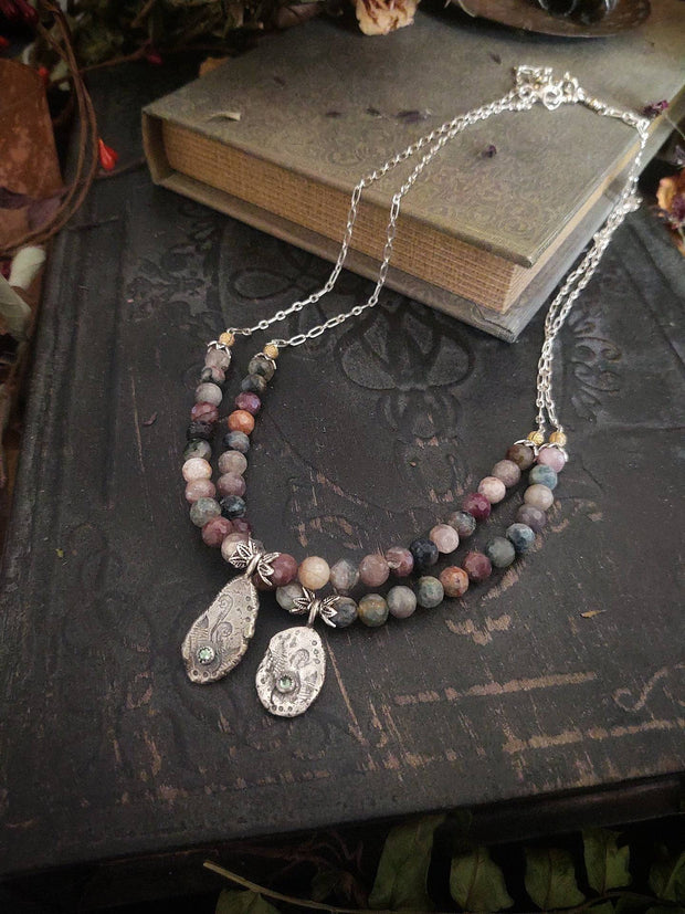 Tourmaline Beaded Necklace - Silver Fern Charm - Art In Motion Jewelry & Metal Studio LLC