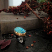 KINGMAN TURQUOISE - GOLD - BLACK SILVER - SQUARE STATEMENT RING - Art In Motion Jewelry & Metal Studio LLC